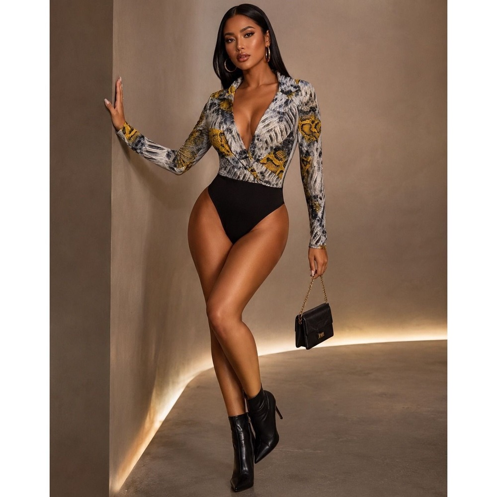 Fashion Nova Time Of Your Life Snakeskin Bodysuit Yellow Black Size S